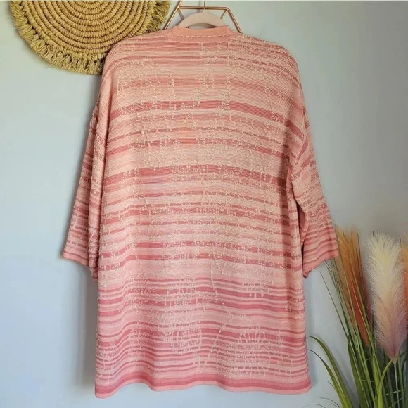 Chico's, Pink Embroidered Striped Jacquard Silky Cardigan Sweater Size Large - Picture 6 of 10